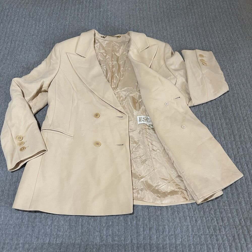 Vintage Escada Beige Wool Silk Button Blazer Women Collared Pockets Size 38